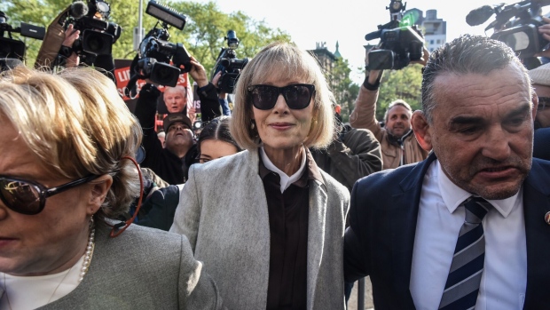 Author E. Jean Carroll arrives to federal court in New York, US, on Tuesday, April 25, 2023. The trial of a civil suit by Carroll, who claims Donald Trump raped her in the 1990s, is set to start today.