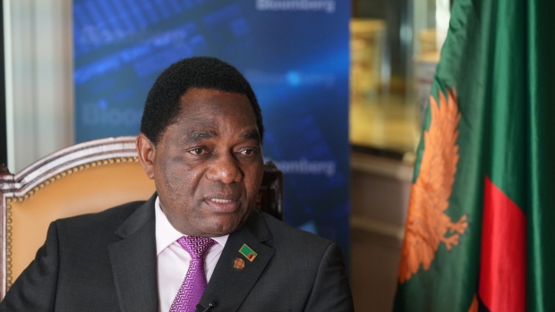 Hakainde Hichilema, Zambia's president, during a Bloomberg Television interview in Paris, France, on Friday, June 23, 2023. Zambia reached an agreement in principle to restructure $6.3 billion of bilateral debt even though the accord didn’t meet all the government’s targets, according to Hichilema.
