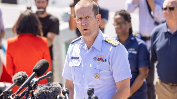 Rear Adm. John Mauger, the First Coast Guard District commander, gives an update on the search efforts for five people aboard a missing submersible approximately 900 miles off Cape Cod, on June 22, 2023 in Boston, Massachusetts.  Photographer: Scott Eisen/Getty Images